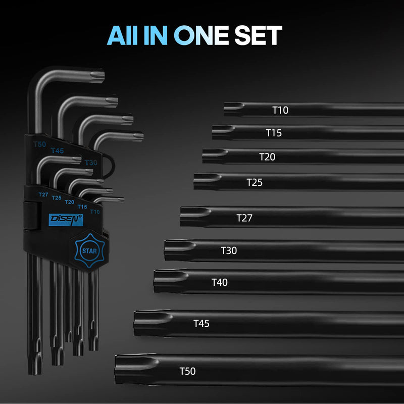 [Australia - AusPower] - DISEN 9 Pieces Torx Star Allen Wrench Set, Long Arm Star Key Set T10-T50, Chrome Vanadium Steel 9PC Torx Star 