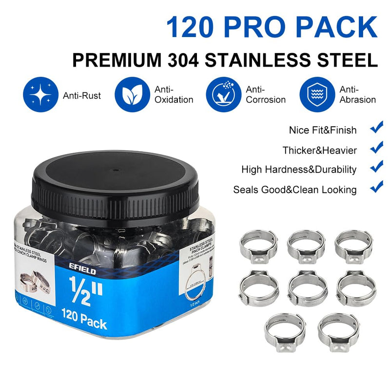 [Australia - AusPower] - 120-Pack EFIELD 1/2-inch Stainless Steel Pex Cinch Clamp Rings for Pex Tubing Pipes Pack 120 in Bottle 