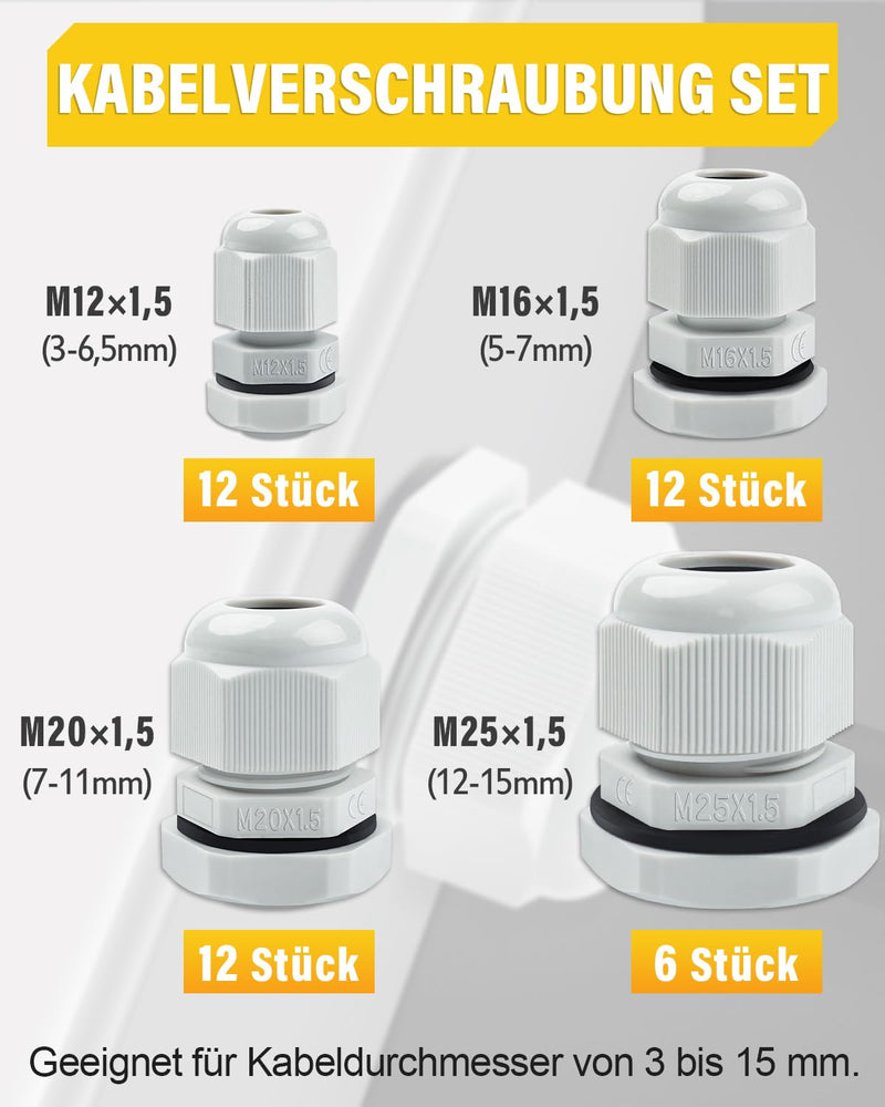 Caianwin 42 Piece Cable Gland Set, Cable Grommet, Waterproof | M12/M16/M20/M25, IP68 screw connection set, for junction box, distribution box, surface-mounted fuse box, wall distributor