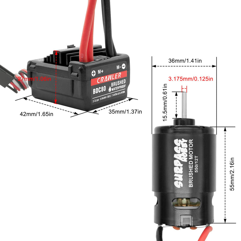 OGRC 550 12T Brushed Motor 80A ESC Set with T-XT60 Converter Adaptor for 1/10 RC Truck Car Traxxas Slash 2WD 4×4 Arrma Granite Senton Typhon 4×4 Redcat Axial HPI (T Plug)