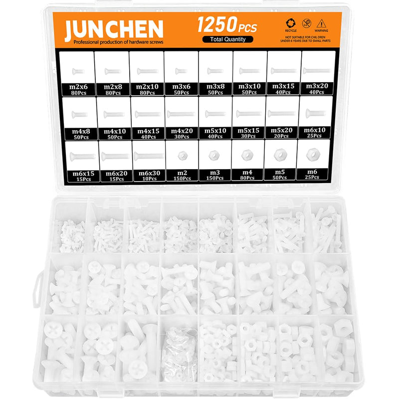 [Australia - AusPower] - 1250PCS White Flat Head Phillips Screws Bolts and Nuts, M2 M3 M4 M5 M6 Metric Full Threaded Phillips Cross Recessed Nylon Plastic Bolts Nuts Assortment Kit Set for Insulate or Fasten PCB Board 