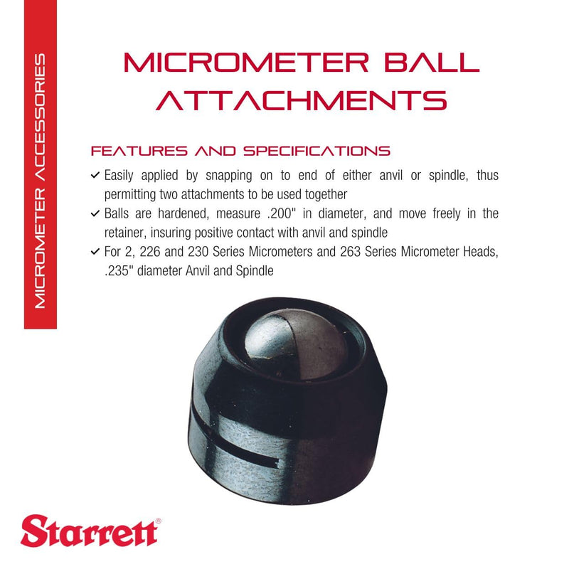 [Australia - AusPower] - Starrett Micrometer Ball Attachment for 224A, 224AA, 436 Series Micrometers - .270" Diameter Anvil and Spindle - Quick and Easy Adjustment, .200" Diameter - 247B 