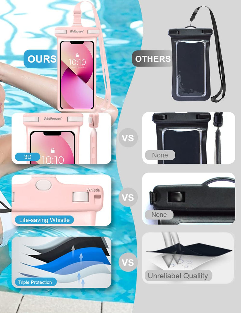 [Australia - AusPower] - wellhouse Waterproof Phone Pouch, Waterproof Phone Case for iPhone 15 14 13 12 Pro Max XS Samsung, IPX8 3D Cellphone Dry Bag Beach Essentials Pink 1Pack 7.0" 1 Pack - Pink7.0" 