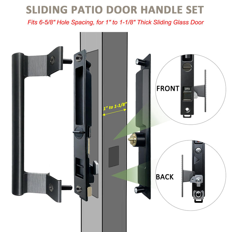 Sliding Glass Door Handle Set with Lock - Easy to Install,Patio Sliding Door Handle Fits for 1 to 1-1/8 Door Thickness,6-5/8" Screw Hole Spacing,Perfectly Replacement for Old Handle(Black) Black - with Lock