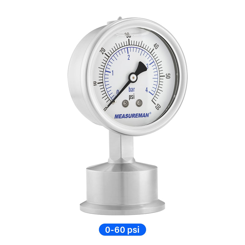 [Australia - AusPower] - MEASUREMAN Stainless Steel Sanitary Pressure Gauge, 2.5” Dial, 0-60 PSI, Glycerin-Filled for Accuracy, 1.5” Tri Clamp Bottom Mount for Food, Dairy, and Pharmaceutical Applications 0-60 psi/bar 