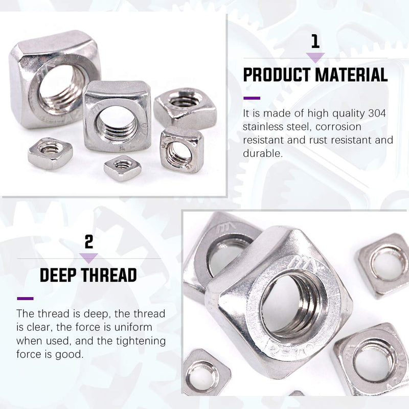 [Australia - AusPower] - Swpeet 220Pcs 304 Stainless Steel 6 Sizes Metric Square Nuts Assortment Kit, Machine Screw Nuts Metric Coarse Thread - M3 M4 M5 M6 M8 M10 
