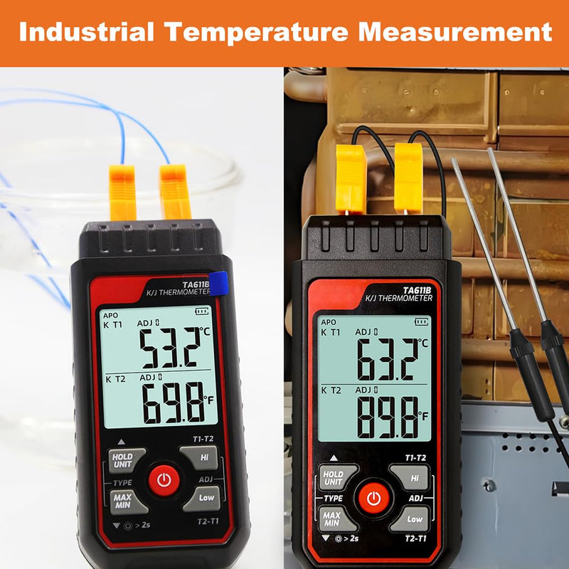[Australia - AusPower] - Digital Thermocouple Thermometer Dual-Channel K/J Type Thermometer -328~2501℉ Wide Range Industrial HVAC Temperature Meter with 4PCS of K-Type Thermocouple Probes, Alarm,Temp Conpensation 