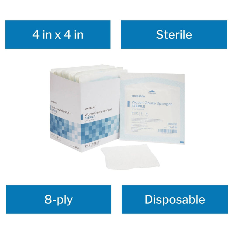 [Australia - AusPower] - McKesson Woven Gauze Sponges, Sterile, 8-Ply, 100% Cotton, 4 in x 4 in, 2 per Pack, 50 Packs, 100 Total 