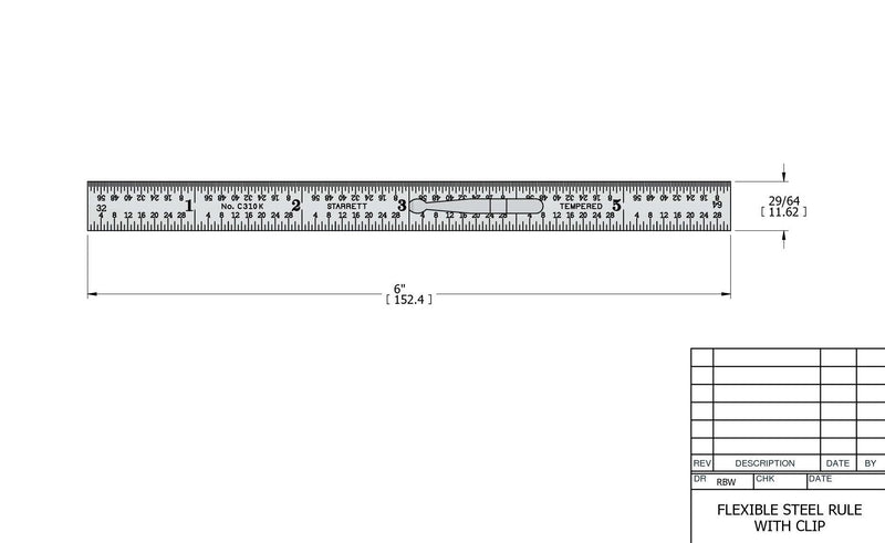 Starrett Full Flexible Steel Rule with Satin Chrome Finish, Quick Reading, and Inch Graduation - 10 Graduation, 6" Length, 1/64" Thickness - C310K-6