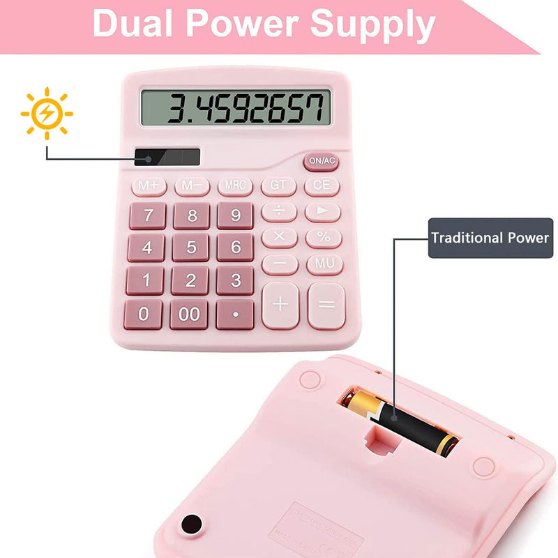 [Australia - AusPower] - Office Calculators Desktop, 12-Digit Dual Power Cute Calculator with Large LCD Display Big Button for Office Home and School (Pink) Pink 