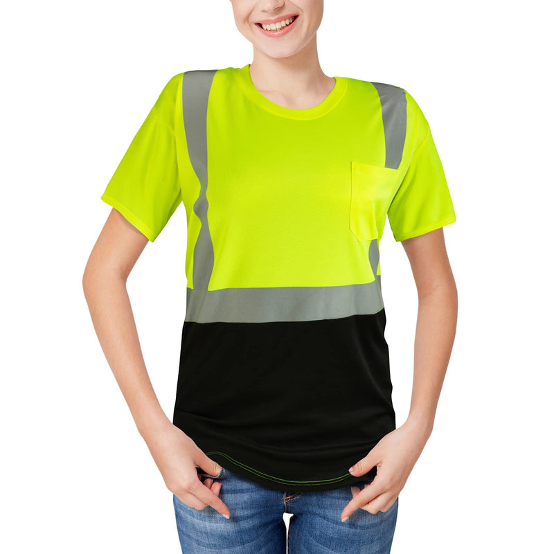 High Visibility Shirts Quick Dry Safety T Shirts with Reflective Strips and Pocket Short Sleeve Mesh Hi Vis Construction Work Class 2 Shirt for Men/Women Black Bottom Lime,Medium Medium Lime 02