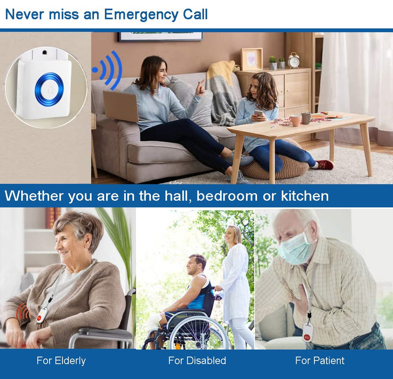Caregiver Pager Wireless Call Button Nurse Alert System for Home/Elderly/Patient/Disabled (Two Button Two Receiver) Two Button Two Receiver