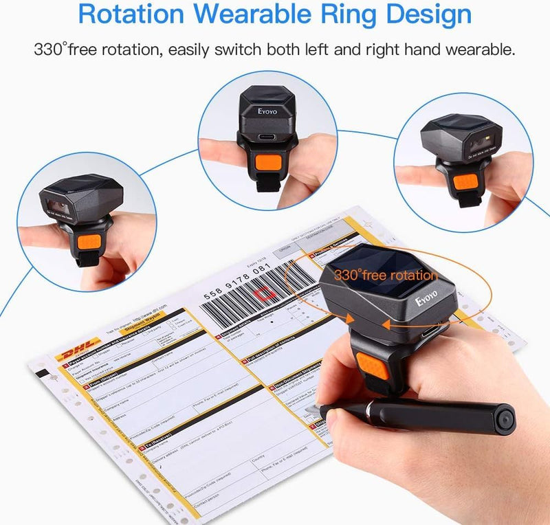 Eyoyo 3-in-1 Wearable Finger Ring Barcode Scanner, Mini 2D Wired USB & Wireless 2.4G & Bluetooth, QR 1D Data Matrix PDF417 Image Reader Compatible with PC, Smartphone, iPad Screen Scanning