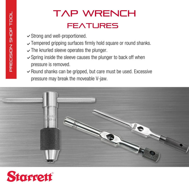 Starrett Tap Wrench for No. 0-14 Taps - Firm Grip on Round/Square Shanks, Heat-Treated Surface, 1/4" Square, 3-5/8" Body Length - 174