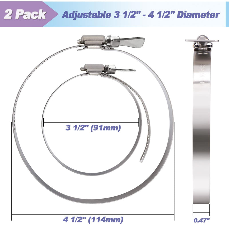 [Australia - AusPower] - 2 Pack 4 inch Hose Clamp, Adjustable 3 1/2"-4 1/2" Diameter 304 Stainless Steel Easy turn thumb Screw Worm Gear Hose Clamps For Securing Hose, Dryer, Automotive and Mechanical Applications Handle 4" x 2Pcs 