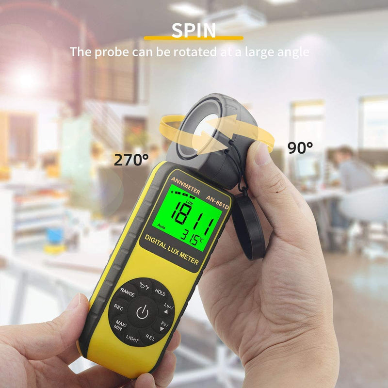 Digital Lux/Foot Candle Light Meter, AIOMEST Illuminance Lumen Tester 0.01~400,000 Lux, Handheld Luxometro AI-881D for LED Plant Grow Lighting, Luxmeter w/Data Logging & Rotatable Detector AI-881D (0.1~400,000Lux)