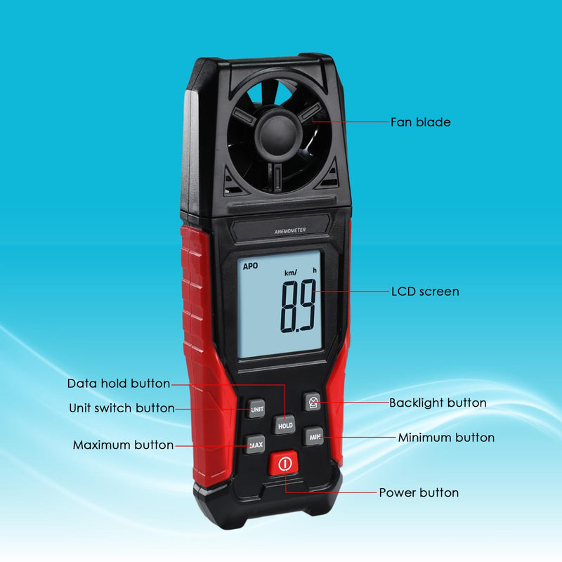 [Australia - AusPower] - Digital Anemometer Handheld Wind Speed Meter – Measures Wind Speed in m/s, km/h, ft/min, mph, Knots & Air Temperature – Max/Min, Data Hold, Backlit Display – for HVAC, Sailing, Weather, Drone Flying 