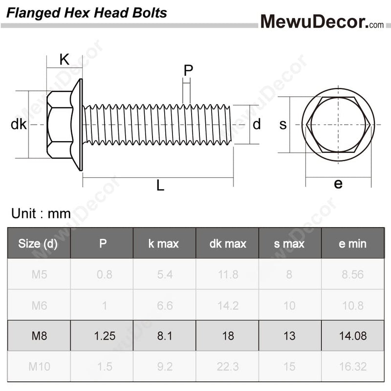 [Australia - AusPower] - M8-1.25 x 25mm Flanged Hex Head Bolts Flange Hexagon Screws, Stainless Steel 18-8 (304), Plain Finish, DIN 6921, 15 PCS M8 x 25mm 