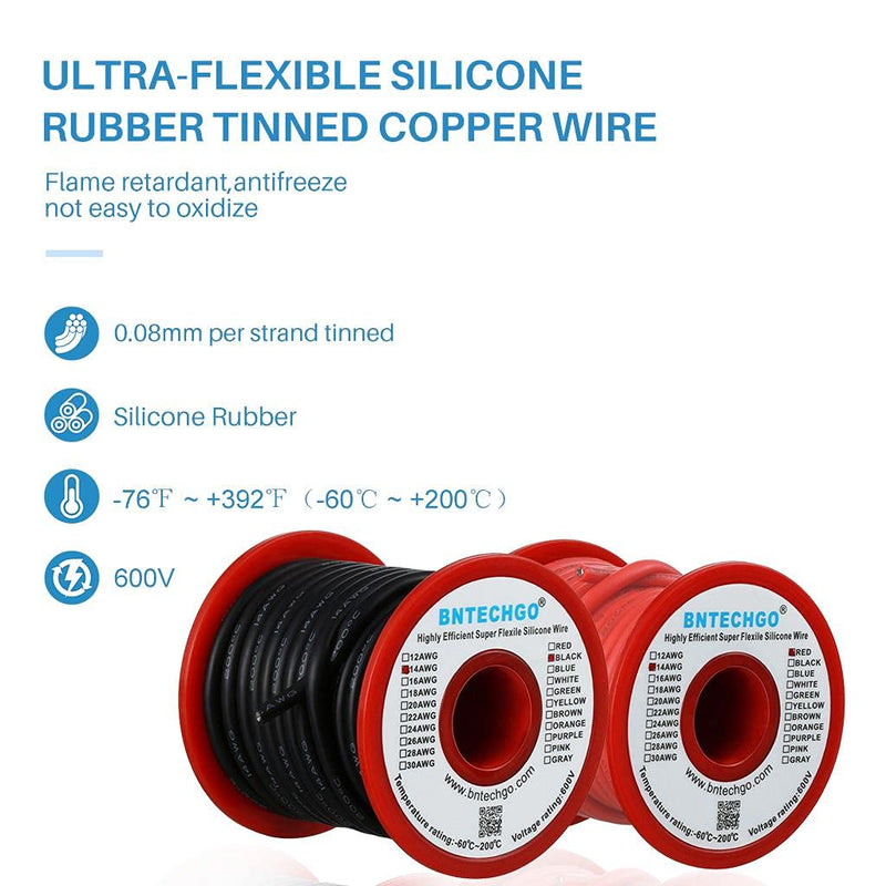 BNTECHGO 14 Gauge Silicone Wire Spool red and Black Each 40ft Flexible 14 AWG Stranded Tinned Copper Wire silicone wire red 40ft and black 40ft