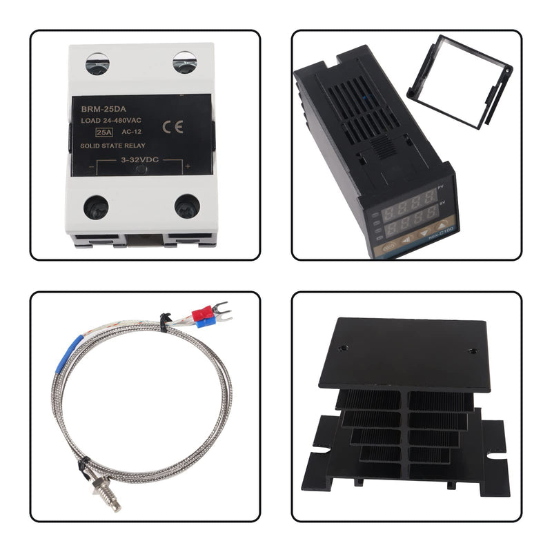[Australia - AusPower] - Digital PID Temperature Controller REX-C100 PID Thermostat Temperature Controller Digital REX C100 with 25DA SSR Relay K Thermocouple Probe RKC and Black Heat Sink 25DA Black 