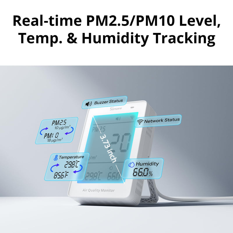 SONOFF Smart Indoor Air Quality Monitor with PM2.5, PM10, Temperature & Humidity Sensor, Real-Time Display & Alarm, Matter-Compatible, 2.4GHz WiFi, 3.73-inch Screen, for Bedroom, Nusery Room