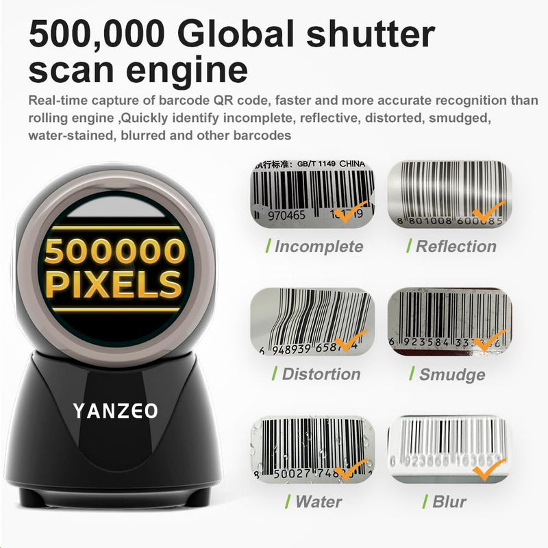 [Australia - AusPower] - YANZEO YS860 Barcode Scanner 2D/1D Desktop Barcode Reader Hands-Free QR Bar Code Scanner Plug and Play Fast & Accurate Scanning for Store, Office, Warehouse Black 