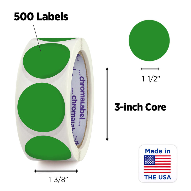 ChromaLabel 1.50 Inch Round Label Removable Color Code Dot Stickers, Inventory Labels, 500 Labels per Roll, Green 1.5" Diameter
