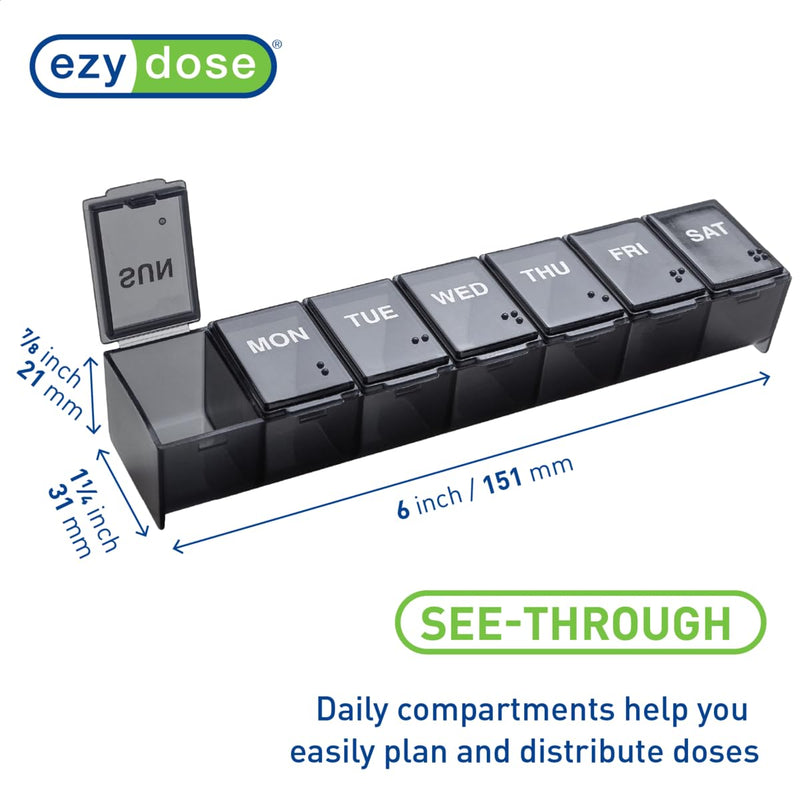 [Australia - AusPower] - EZY DOSE Weekly (7-Day) Pill Case, Medicine Planner, Vitamin Organizer Box, Convenient and Easy to Use, Large Compartments, Travel Friendly, Black, Made in the USA, BPA Free 1 Count (Pack of 1) 