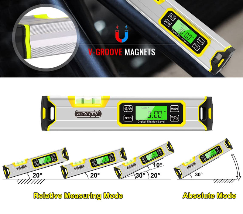 [Australia - AusPower] - Digital Level and Protractor, 12 Inch IP54 Protected Electronic Bubble Inclinometer Angle Finder with Large LED Backlight and Magnetized V-Groove Base(Yellow 