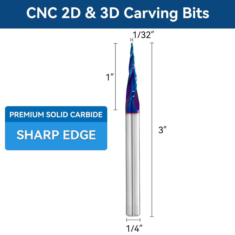 CNC Router Bits 1/4 inch Shank Spiral Tapered Ball Nose 2D & 3D Carving Bit 6.2 Deg Tapered Angle Ball Tip R0.4 1/4" Shank 3" OVL for Wood Carving Engraving Detail Profile