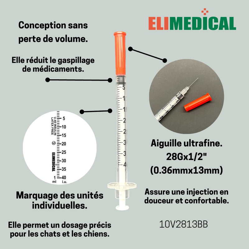 [Australia - AusPower] - Veterinary Insulin Syringe 40IU (U-40), 1cc (1ml), 28G x 1/2 inch (12.7 mm), Individually Packed, for Pet Cat or Dog, 100 per box, 10V2813BB 