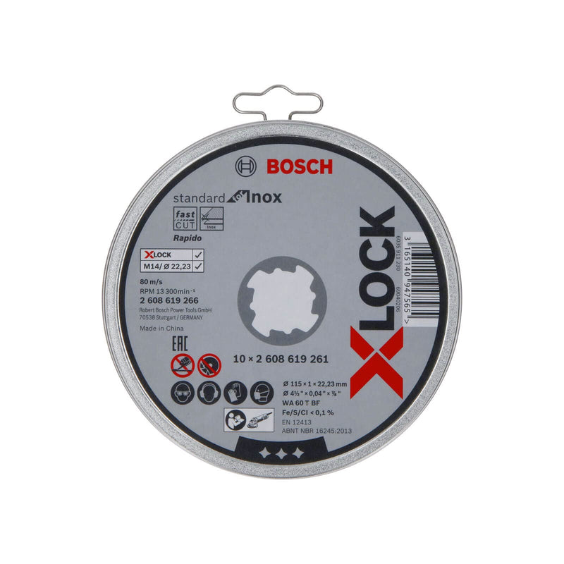 [Australia - AusPower] - Bosch Professional 2608619266 Pack of 10 Straight Cutting Disc Standard (for INOX, X-Lock, Diameter 115 mm, Bore Diameter 22.23 mm, Thickness 1 mm) 