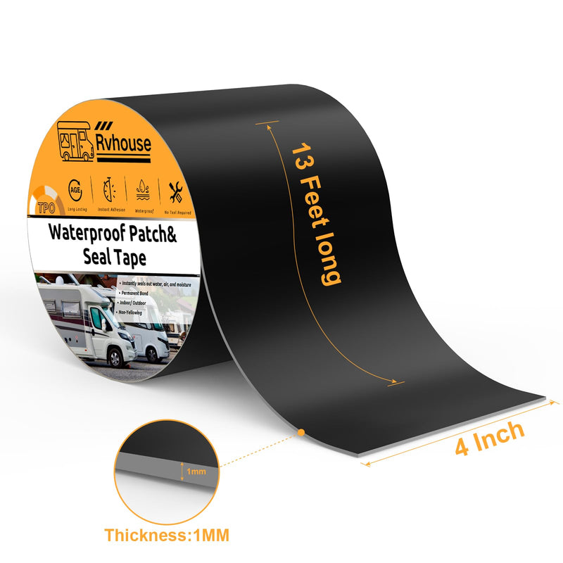 Waterproof Patch and Seal Tape, 4" x 13 ft, UV Protective Extra Thick Sealant Tape for RV Roof Leak Repair, Permanent Bond for Cracks, Tears, Holes – Weatherproof for Camper Trailer Boat Tent 1 Pack Black