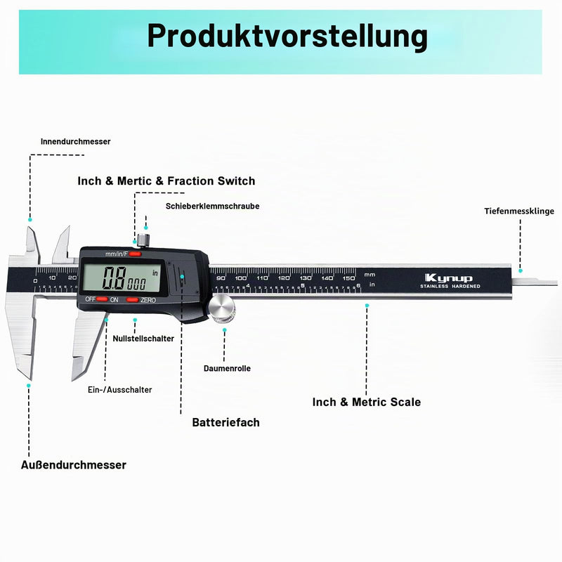 Kynup Digital Calliper, 150 mm/6 Inch, Gauge, with Large LCD Display, for Outdoor, Indoor Use, Step and Depth Measurements, Inch/Metric/Fraction Display, Stainless Steel, Auto Switch-Off Design | Digital Caliper Stainless Steel Measuring Tool Digital w...