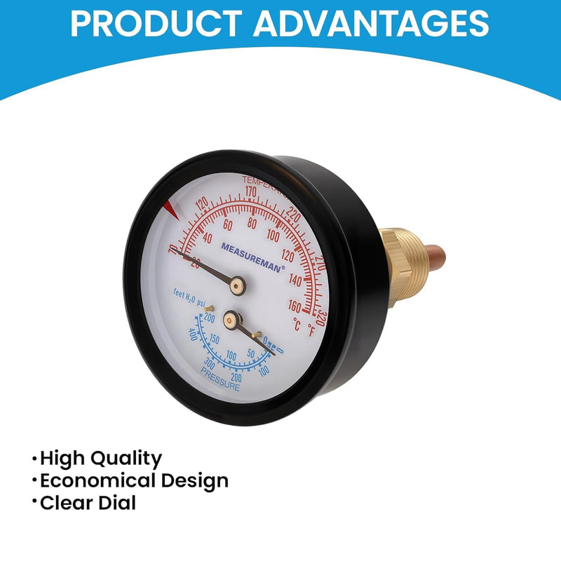 [Australia - AusPower] - MEASUREMAN Commercial Tridicator Boiler Gauge Kit, 2.5" Dial, 0-200 PSI (ft H₂O) & 70-320°F, 1/4" NPT Back Mount with 1/2" NPT Adapter and O-Ring（2.95'' Stem） 0-200 PSI 70-320°F 2.95'' Stem 