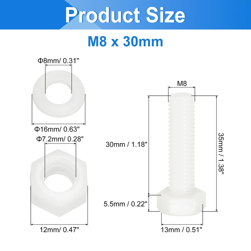 [Australia - AusPower] - uxcell 300 Pcs/100 Sets Nylon Hex Bolts, M8 x 30mm Plastic Full Threaded Hex Head Screws Bolts and Nuts with Flat Washers for Machinery Electronics Industrial Accessories, White 