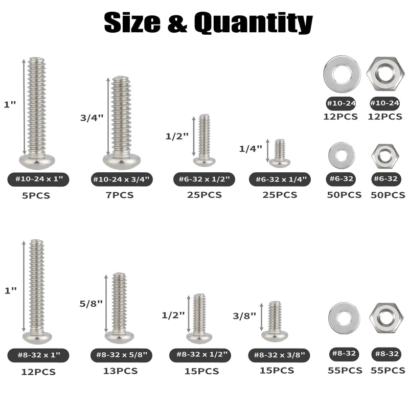[Australia - AusPower] - 351Pcs Machine Screws Nuts and Bolts Assortment Kit, 6-32# 8-32# 10-24 Phillips Pan Head Assorted 304 Stainless Steel Bolts Nuts Flat Washers Bolts with Case 
