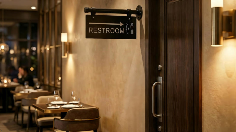 Double Sided Restroom Sign with Arrow, Wall Mount Unisex Bathroom Directional Sign with Metal Pipe Rod, Black, 11x4.7 Inch, Easy Install with Hanging Straps for Business Office & Public Hallway Bathroom (Black, Restroom)