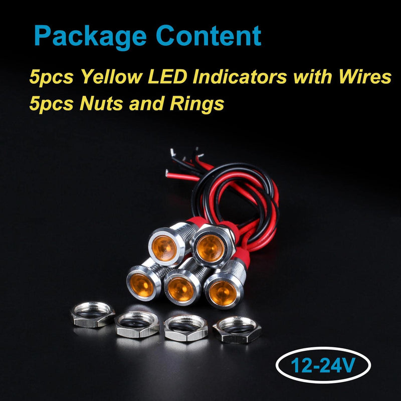 [Australia - AusPower] - 5Pcs 12V-24V Energy Saving LED Indicator Light Mounting Hole 8mm (1/3") 20mA Waterproof Wide Flat head Signal Lamp Pilot Dash Directional with Wire ?Yellow LED? Yellow 