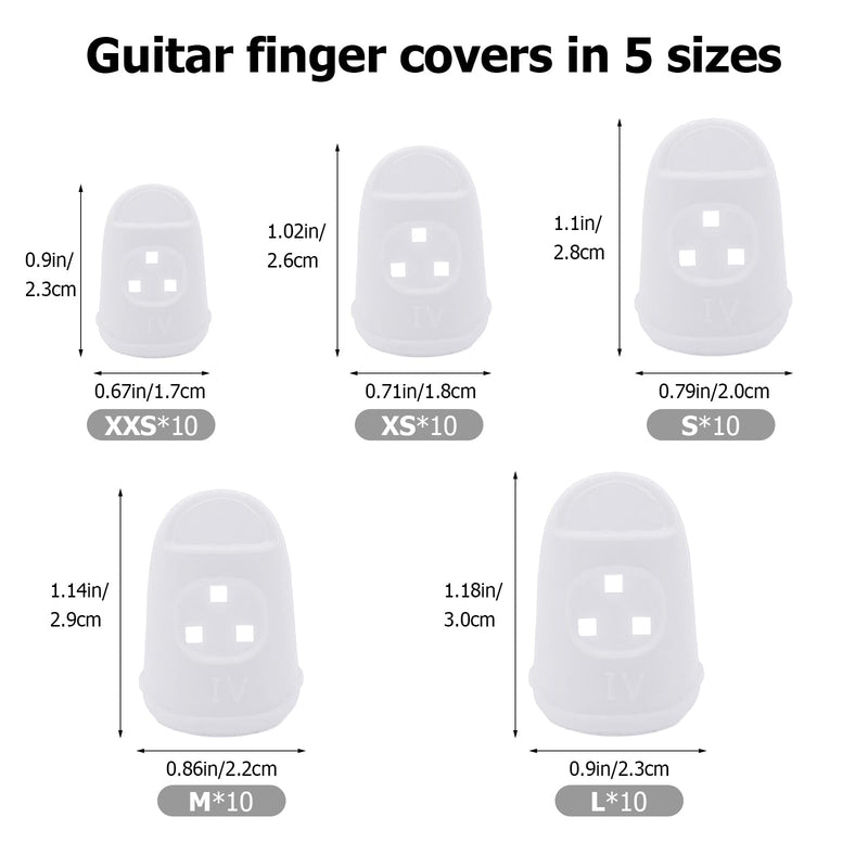 [Australia - AusPower] - 50 Pcs Guitar Finger Covers, Silicone Finger Protectors for Guitar, Ukulele, Bass – 5 Sizes, Comfortable, Breathable, and Reusable(White) White 