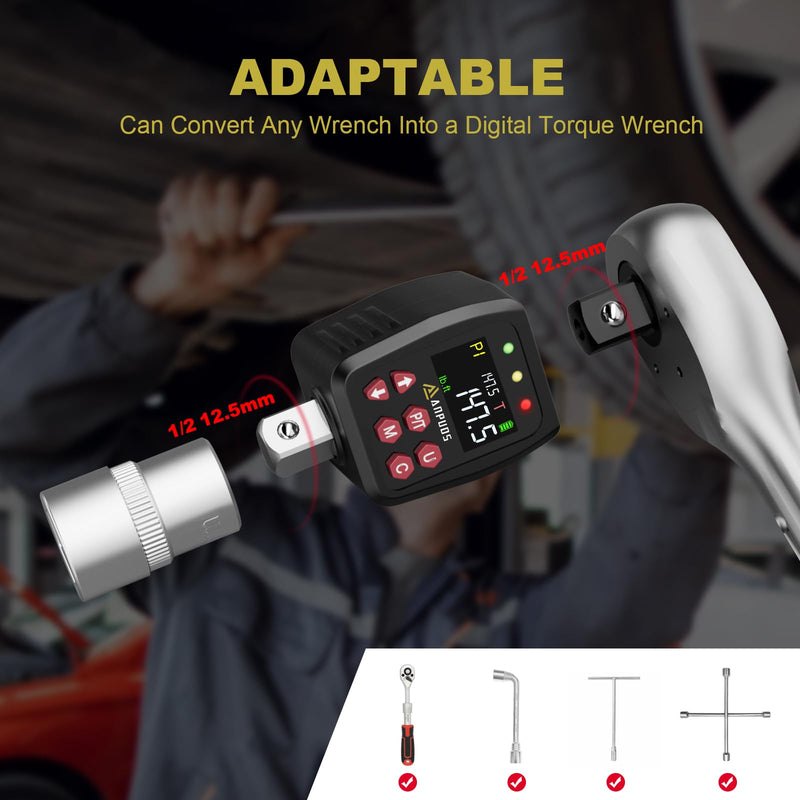 [Australia - AusPower] - 1/2" Digital Torque Adapter, 7.4-147.5 Ft-lb/10-200 Nm, Digital Torque Wrench Converter with ±1% Accuracy, Preset Value, Data Storage, Buzzer & LED Indicators, 3/8'' & 1/4'' Adapters for Car 1/2-Inch 