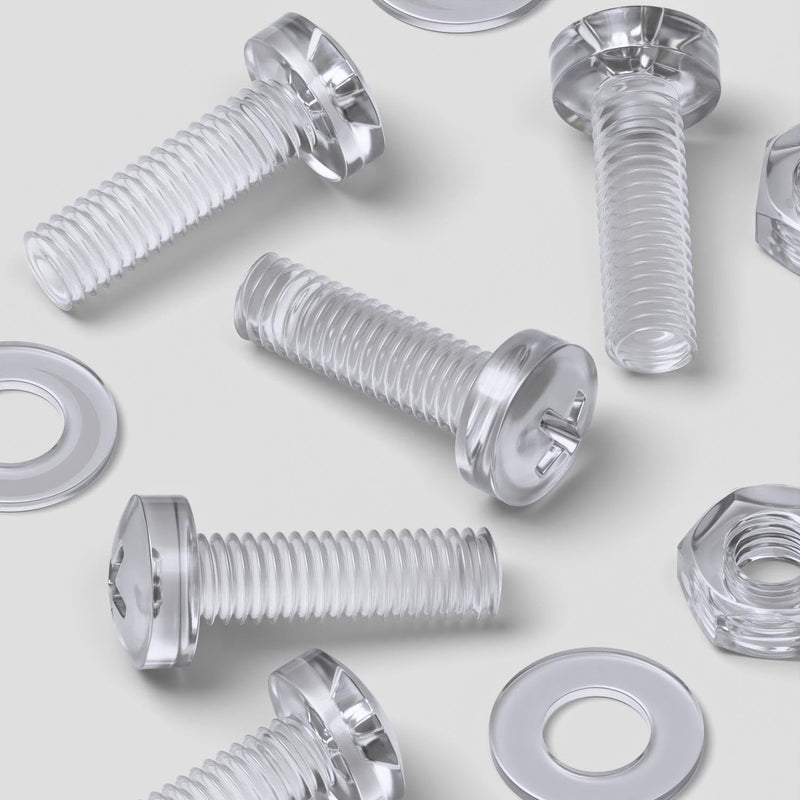 [Australia - AusPower] - 60 x Transparent Clear Plastic Acrylic, Pan Head, M3 x 10mm Nuts & Bolts, Washers -Acrylic Plastic Screws, (1/8 x 25/64 in) 