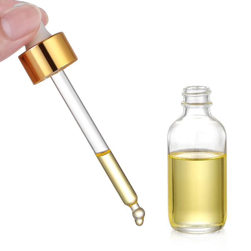 [Australia - AusPower] - AOZITA Set of 4, 2 oz Golden Cap Clear Dropper Bottles (60ml) with 1 Funnel & 4 Labels - Glass Tincture Bottles for Essential Oils with Eye Droppers - Leak Proof Travel Bottles for Liquids 