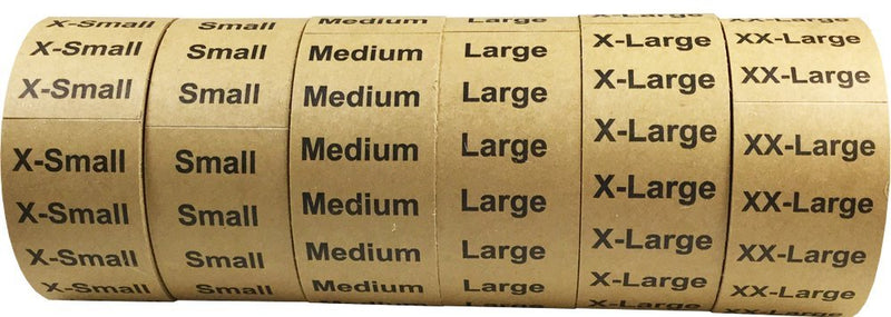 InStockLabels X Small-XX Large Clothing Size Strip Labels 1.25 x 5 Inch 1 Roll Each 125 Adhesive Stickers Per Roll 750 Adhesive Stickers, Natural Kraft
