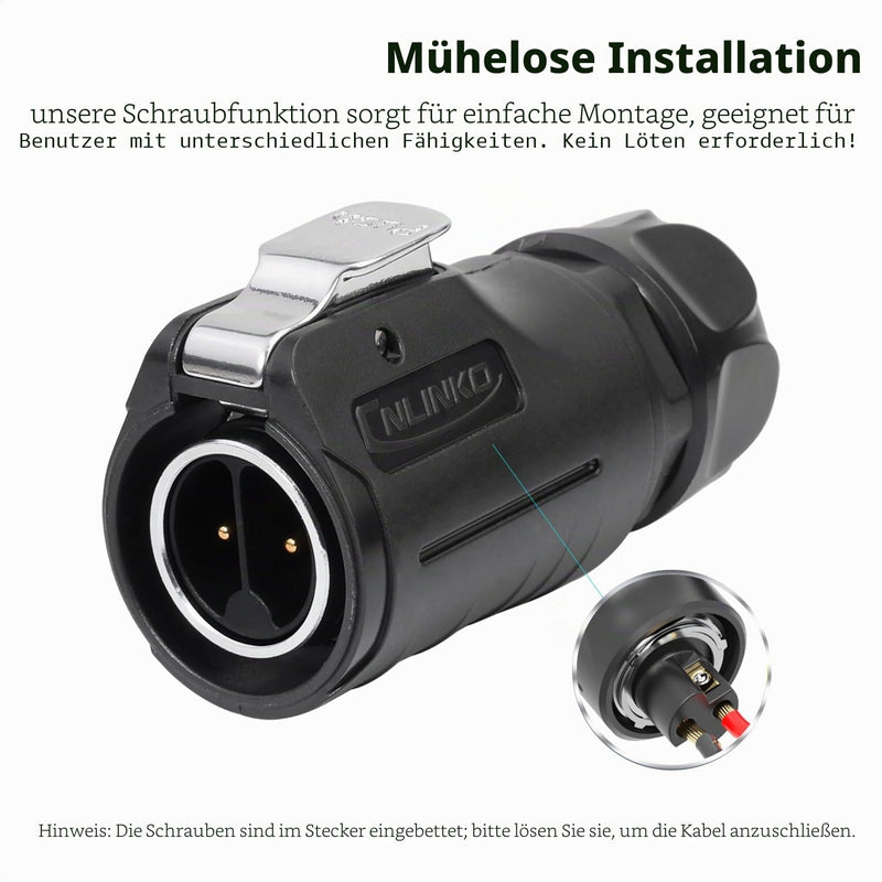 CNLINKO LP-20 2 Pin Waterproof Plug with Screw Design, IP68 Aviation Bullet Plug, M20 Male and Female Pair (LP20 2-Pin Screw Connection) 2-pin screw connection LP20
