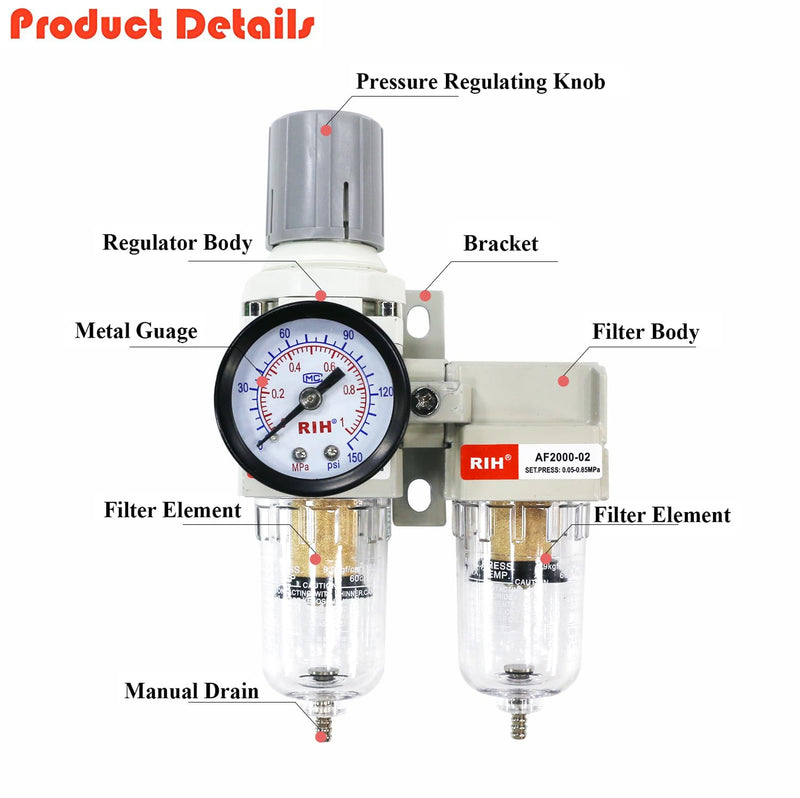 [Australia - AusPower] - RIH Air Dryer System -1/4" NPT Double Air Filters-5 Micron Particulate Filter& Air Pressure Regulator - Gauge(0-150 psi), Semi-Auto Drain, Poly Bowl,Bracket - 3 in 1 Two Unit (1/4" NPT) 1/4" NPT 