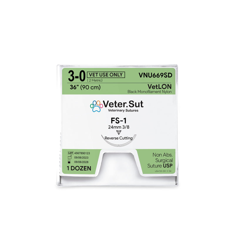 [Australia - AusPower] - VeterSut VetLON Non-Absorbable Nylon Surgical Suture USP Size 3-0, (FS-1) 3/8 24mm Reverse Cutting Needle, 36 Inches (90 cm), 12 Count, Veterinary Use 