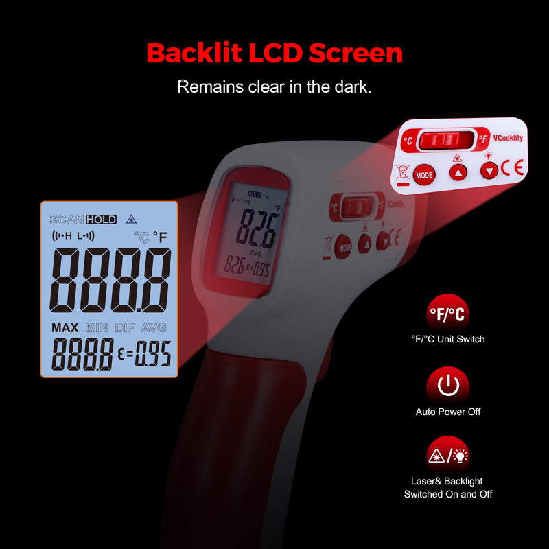 [Australia - AusPower] - Infrared Thermometer for Meat,Laser Temperature Gun,-58~1112°F,DS 12:1 Digital IR Temp Gun with Adjustable Emissivity&High/Low Alarm,LCD Display Thermal Gun for Food Oven Cooking HVAC Red 