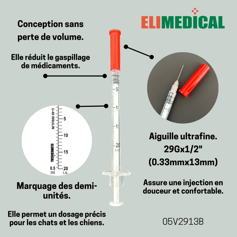 [Australia - AusPower] - Veterinary Insulin Syringe, U-40 (40IU), 0.5cc (ml), 29g x ½ inch (12.7mm), Half Unit Marking, Individually Packed, for Pet Cat or Dog, 100 per box, 05V2913B 