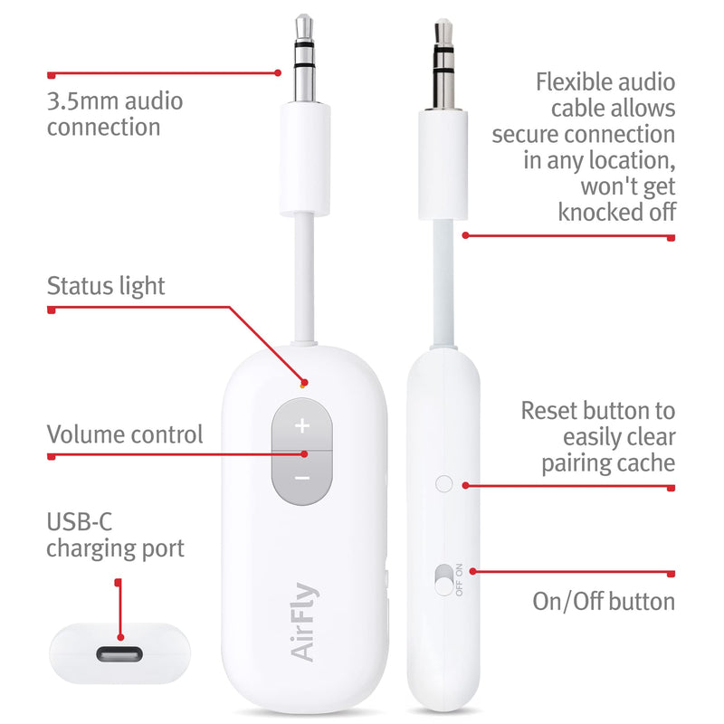 [Australia - AusPower] - Twelve South AirFly SE Bluetooth Wireless Audio Transmitter Receiver for AirPods or Wireless Headphones - Use with Any 3.5 mm Audio Jack for Airplanes, Gym Equipment, TVs, iPad/Tablets and Auto White 